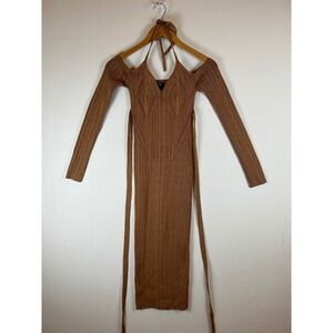 NBD Brown Ribbed Knit Stasia Halter Wrap Midi Dress Small